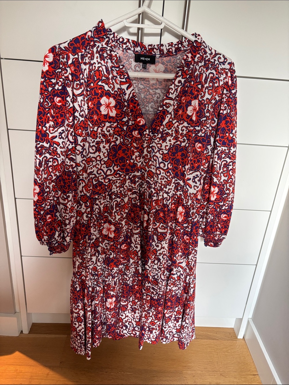 ME+EM Red, Navy & White Floral V-Neck Tiered Long-Sleeve Dress